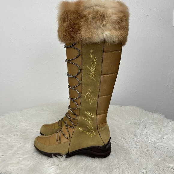 VTG Y2K Baby Phat Tan Faux Fur Trim Lace Up Knee High Boot Quilted Retro Sz 8.5B - Picture 7 of 12